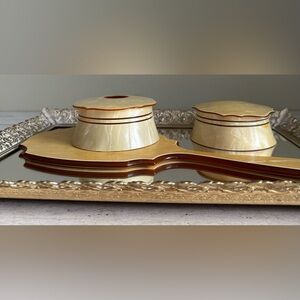 Vintage Art Deco Dresser Set | 2 Bakelite Jars with Lids and Hand Held Mirror
